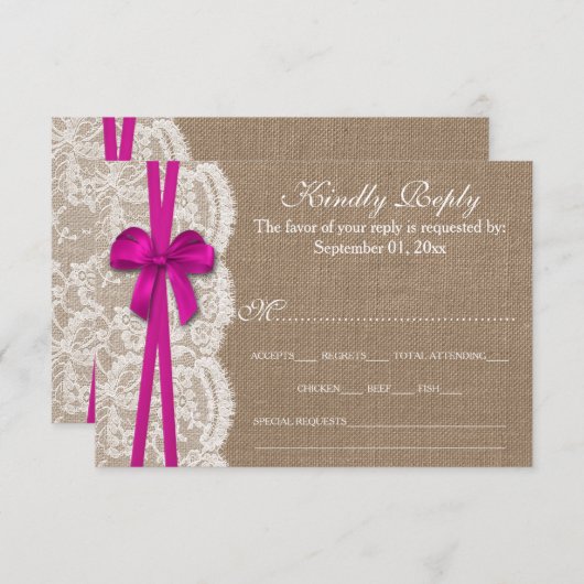Carte RSVP Rustic Pink Bow Mariage Collection (Devant / Derrière)