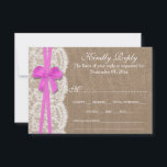 Carte RSVP Rustic Pink Bow Mariage Collection<br><div class="desc">La collection rustique de mariage arc rose est un design étonnant avec un joli arrière - plan rustique effet burlap avec un ensemble romantique vintage effet dentelle blanche et un superbe arc rose clair. Ces cartes RSVP peuvent être personnalisées pour votre occasion spéciale et feraient la carte de réponse parfaite...</div>