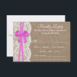 Carte RSVP Rustic Pink Bow Mariage Collection<br><div class="desc">La collection rustique de mariage arc rose est un design étonnant avec un joli arrière - plan rustique effet burlap avec un ensemble romantique vintage effet dentelle blanche et un superbe arc rose clair. Ces cartes RSVP peuvent être personnalisées pour votre occasion spéciale et feraient la carte de réponse parfaite...</div>