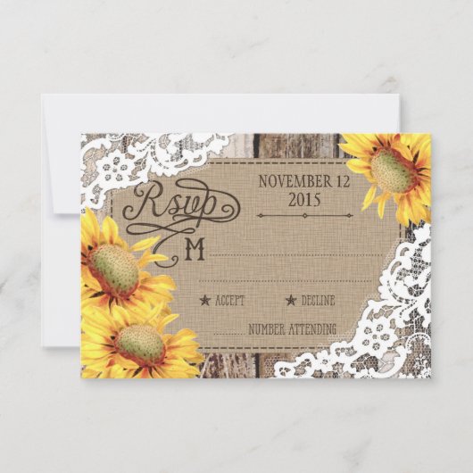 Carte RSVP rustique en dentelle de tournesol de pa (Devant)