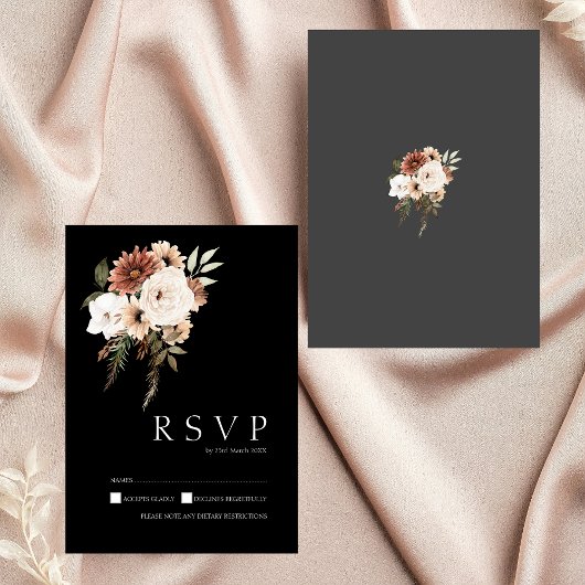 Carte RSVP Rustique Noir et Pêche Florale Mariage 