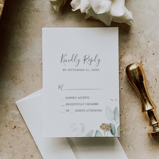 Carte RSVP simple Airy Greenery and Gold Leaf