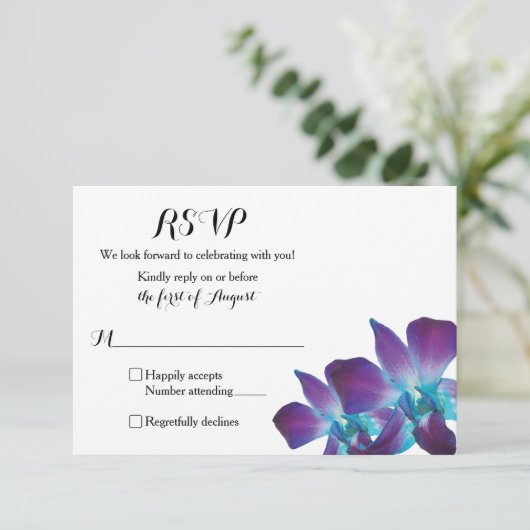 Carte RSVP simple bleu Dendrobium Orchid Wedding (Debout devant)