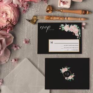 Carte RSVP simple Blush Floral Black Mariage