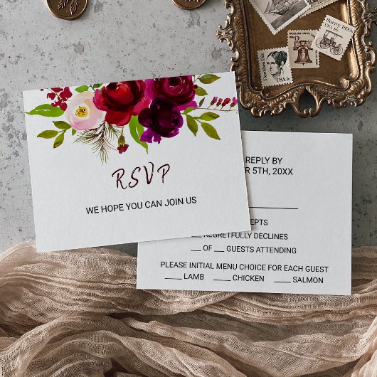 Carte Rsvp Simple Burgundy Floral Menu Choice
