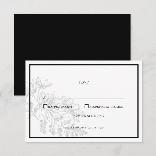 Carte RSVP simple mariage noir blanc floral (Devant / Derrière)