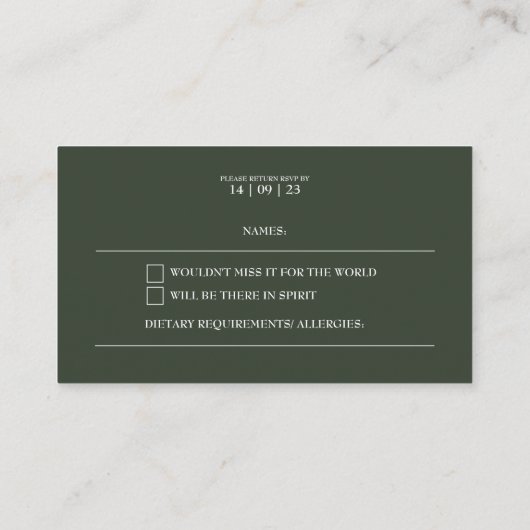 Carte RSVP simple moderne foncé vert (Dos)