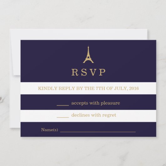 Carte RSVP Tour Eiffel dorée avec rayures (Devant)