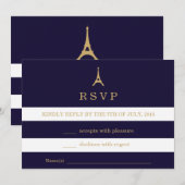Carte RSVP Tour Eiffel dorée avec rayures (Devant / Derrière)