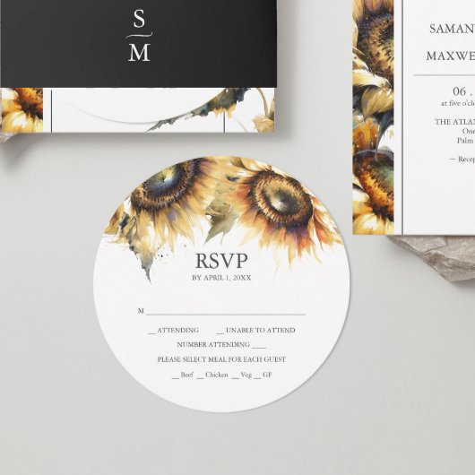 Carte RSVP Tournesol rond Invitations empilables