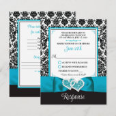 Carte RSVP Turquoise, Black Damask Love Hearts (Devant / Derrière)