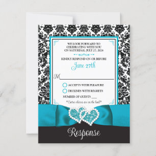 Carte RSVP Turquoise, Black Damask Love Hearts
