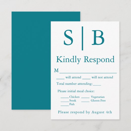 Carte RSVP Turquoise de choix de repas Monogramme (Devant / Derrière)