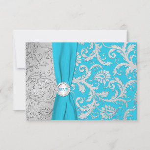 Carte RSVP Turquoise et Argent Damask