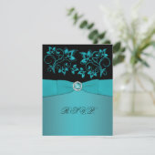 Carte RSVP turquoise et noire à bijoux floraux (Debout devant)