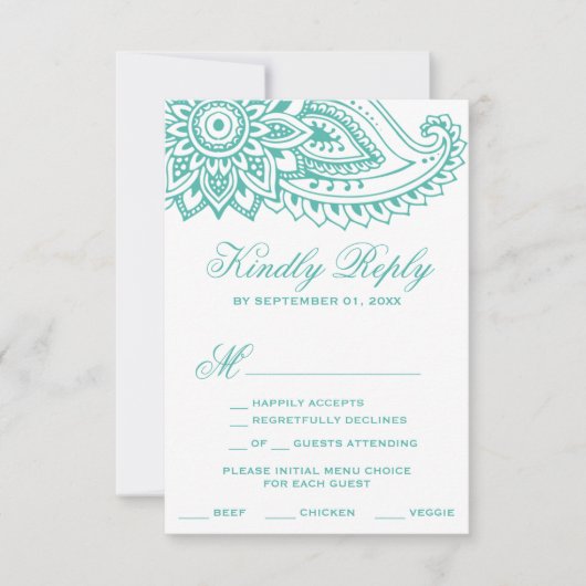 Carte RSVP turquoise Indian Paisley Menu Choix (Devant)