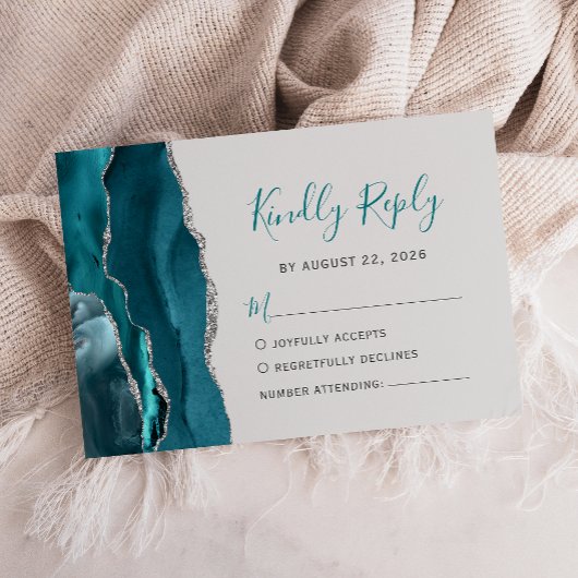 Carte RSVP Turquoise moderne Gris Gris Agate Argen