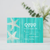 Carte RSVP turquoise Wood & Starfish Elegant Beach (Debout devant)