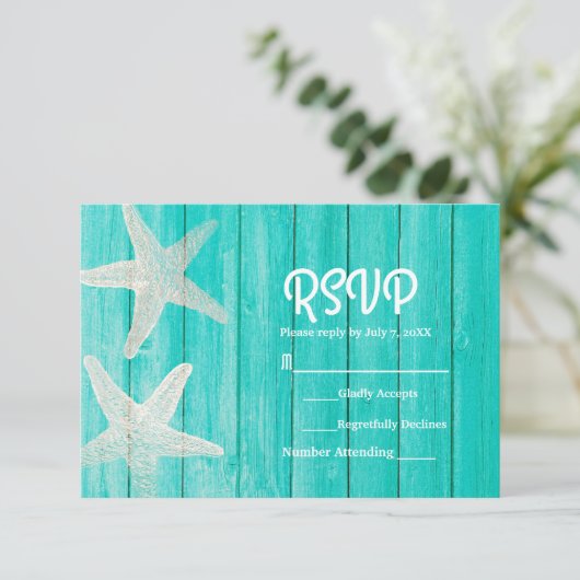 Carte RSVP turquoise Wood & Starfish Elegant Beach (Debout devant)