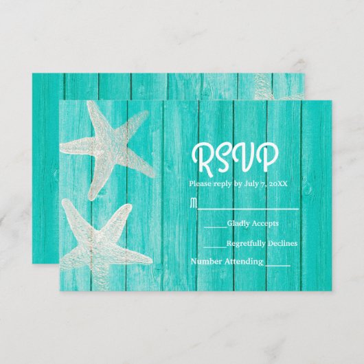 Carte RSVP turquoise Wood & Starfish Elegant Beach (Devant / Derrière)