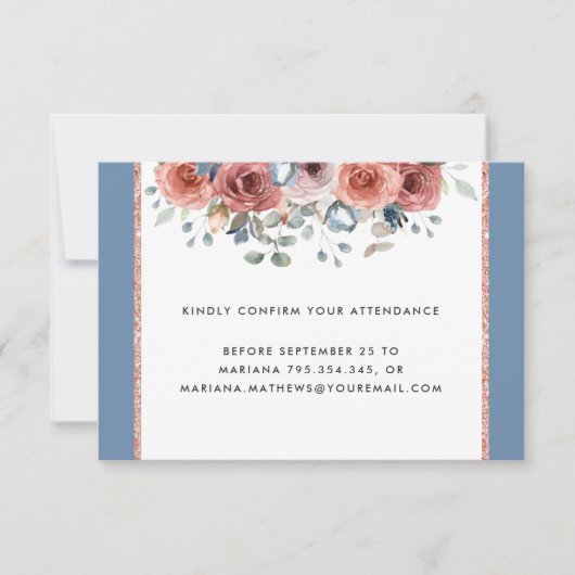 Carte RSVP unique Dusty Blue et Blush Floral (Devant)