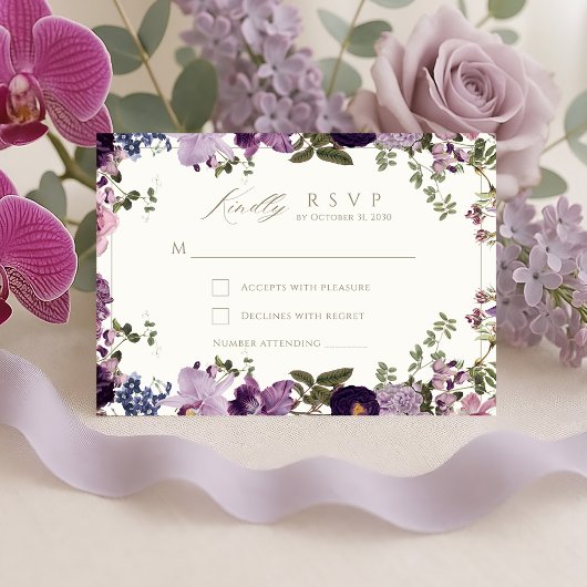 Carte RSVP vintage de mariage botanique violet