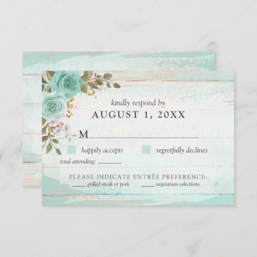 Carte RSVP vintage Turquoise Rustique Wood Floral (Devant / Derrière)