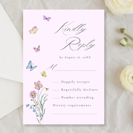 Carte RSVP violet Boho Fleur sauvage Papillon Mari