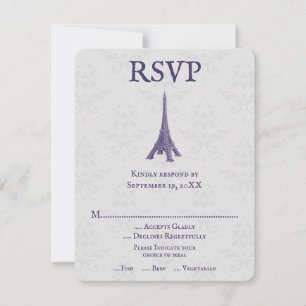 Carte RSVP violet Eiffel Tower Mariage damassé