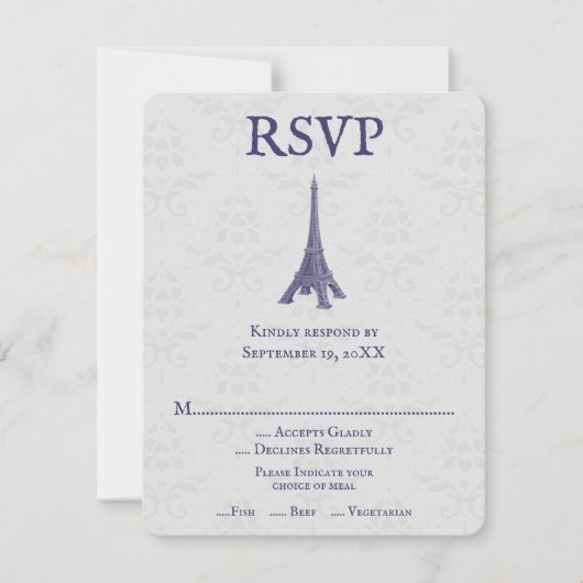 Carte RSVP violet Eiffel Tower Mariage damassé (Devant)