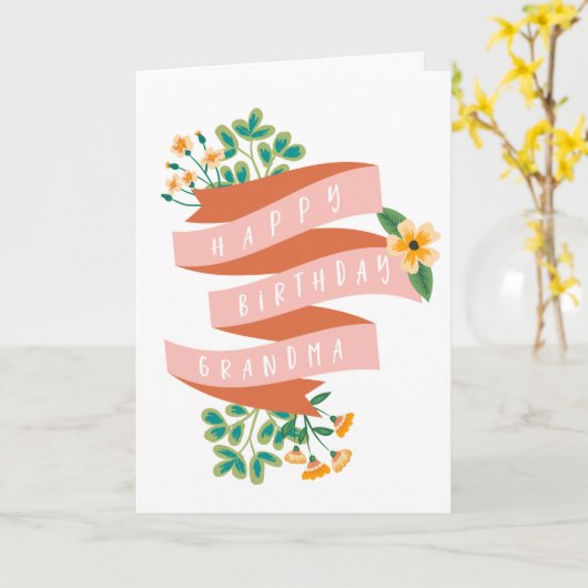 Carte Ruban rose et fleurs joyeuses grand-mère d'anniver (Fleur jaune)