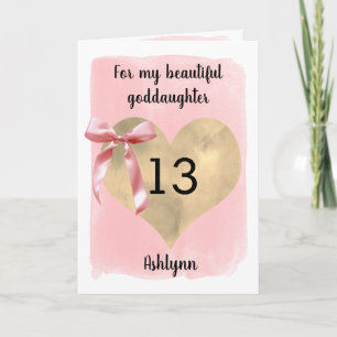 Carte Ruban Rose Or Cœur 13ème Anniversaire Filleule