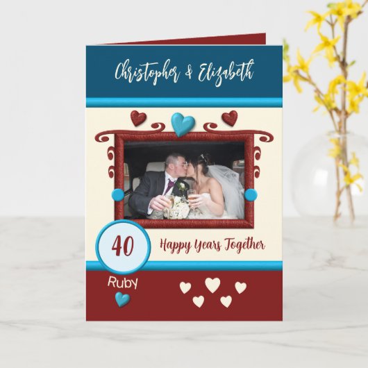 Carte Ruby 40e anniversaire ajouter des noms photo bleu (Fleur jaune)