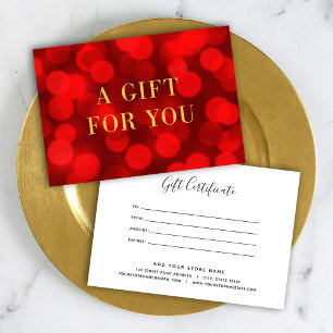 Carte Ruby Red Bokeh Lights Faux Gold Certificat cadeau