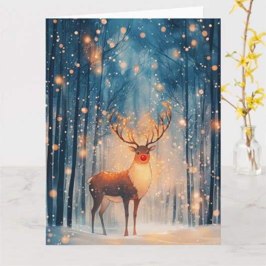 Carte Rudolph Reindeer dans la forêt de neige Noël (Fleur jaune)