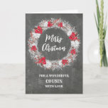 Carte Russe Chalkboard Cousin Joyeux Noël<br><div class="desc">Joyeux Noël pour la carte cousin avec un motif rustique en tableau noir et une couronne enneigée avec poinsettias.</div>