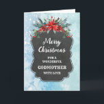 Carte Russe Chalkboard Godmère Joyeux Noël<br><div class="desc">Joyeux Noël pour la carte marraine avec motif en damier rustique et feuillage d'hiver avec poinsettias.</div>