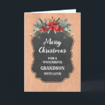 Carte Russe Chalkboard Grand-fils Joyeux Noël<br><div class="desc">Joyeux Noël pour la carte petit-fils avec motif en damier rustique et feuillage d'hiver avec poinsettias.</div>