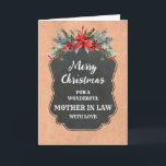 Carte Russe Chalkboard Mère En Droit Joyeux Noël<br><div class="desc">Joyeux Noël pour la carte de belle-mère avec motif en damier rustique et feuillage d'hiver avec poinsettias.</div>