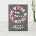 Carte Russe Chalkboard Mère en droit Joyeux Noël<br><div class="desc">Joyeux Noël pour la carte de belle-mère avec motif rustique de tableau noir de campagne et couronne enneigée avec poinsettias.</div>