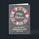 Carte Russe Chalkboard Mère en droit Joyeux Noël<br><div class="desc">Joyeux Noël pour la carte de belle-mère avec motif rustique de tableau noir de campagne et couronne enneigée avec poinsettias.</div>
