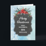 Carte Russe Chalkboard Son Joyeux Noël<br><div class="desc">Joyeux Noël pour la carte fils avec motif en damier rustique et feuillage d'hiver avec poinsettias.</div>