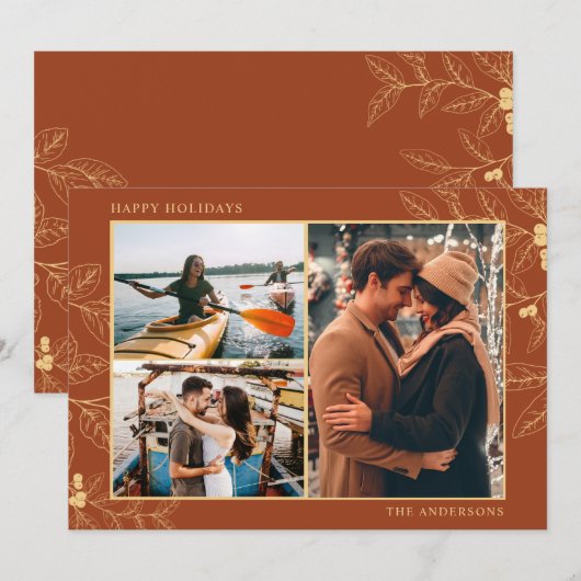 Carte Rust Gold Botanique Trois photos Noël (Devant / Derrière)