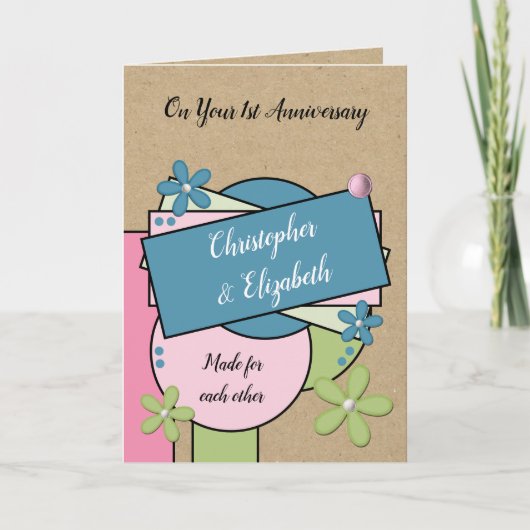 Carte Rustic 1st Anniversary made for each other pink (Devant)