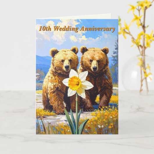 Carte Rustic Bear Couple Daffodil 10ème Mariage Anniv. (Fleur jaune)