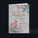 Carte Rustic Brother & Soeur en droit Joyeux Noël<br><div class="desc">Joyeux Noël pour la carte de frère et de soeur en droit avec aquarelle feuillage,  un cardinal et motif de bois et verset réfléchi.</div>