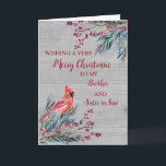 Carte Rustic Brother & Soeur en droit Joyeux Noël<br><div class="desc">Joyeux Noël pour la carte de frère et de soeur en droit avec aquarelle feuillage,  un cardinal et motif de bois et verset réfléchi.</div>
