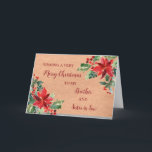 Carte Rustic Brother & Soeur en droit Noël<br><div class="desc">Joyeux Noël pour la carte de frère et de soeur en droit avec des poinsettias aquarelle et motif en papier vintage et verset réfléchi.</div>