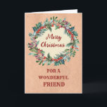 Carte Rustic Christmas Wreath Friend Joyeux Noël<br><div class="desc">Joyeux Noël pour carte d'ami avec une aquarelle rustique couronne de noël,  motif de papier vintage et verset réfléchi.</div>