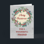 Carte Rustic Christmas Wreath Friend Joyeux Noël<br><div class="desc">Joyeux Noël pour carte d'ami avec aquarelle rustique couronne de noël,  motif en bois vintage et verset réfléchi.</div>